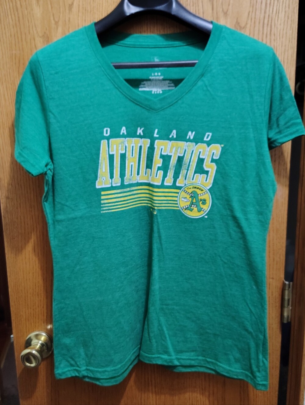 Green Oakland Athletics V-Neck Tee with Yellow Logo Accents